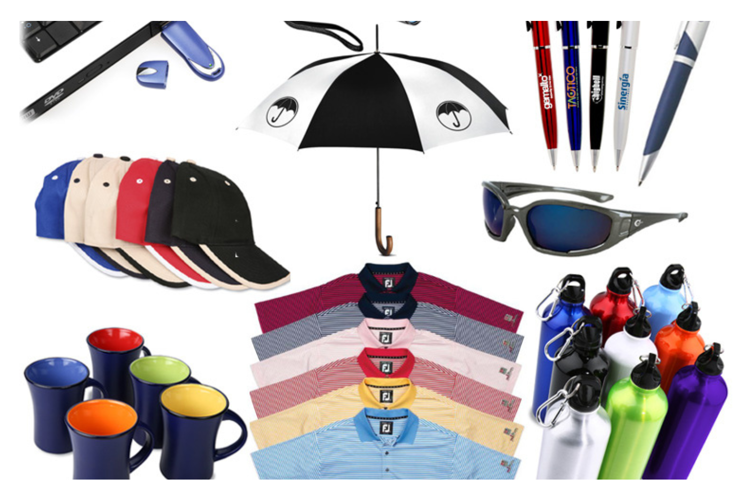 Gran variedad de artículos promocionales: gorras, paraguas, polos, gafas, tazas y botellas para diferentes audiencias