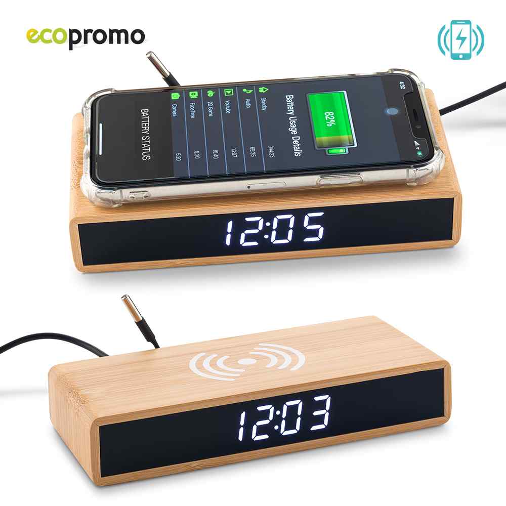 Cargador Inalámbrico Con Reloj Bamboo - Producto promocional personalizable